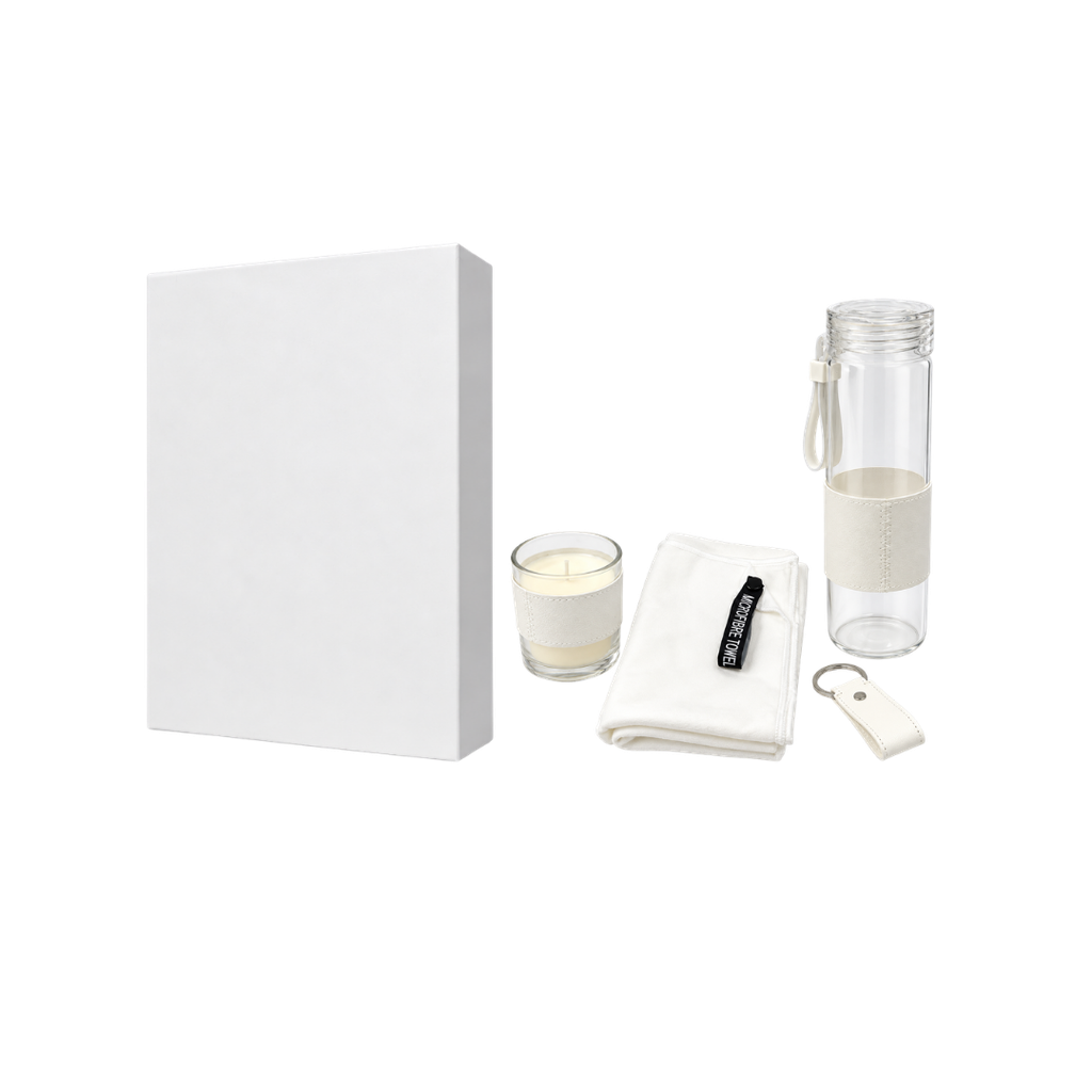 [P299103] Set ejecutivo, vidrio, blanco, Yogui 4 pcs: botella, toalla, llavero y vela