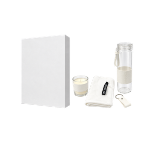 Set ejecutivo, vidrio, blanco, Yogui 4 pcs: botella, toalla, llavero y vela