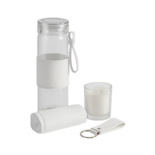 Set ejecutivo, vidrio, blanco, Yogui 4 pcs: botella, toalla, llavero y vela