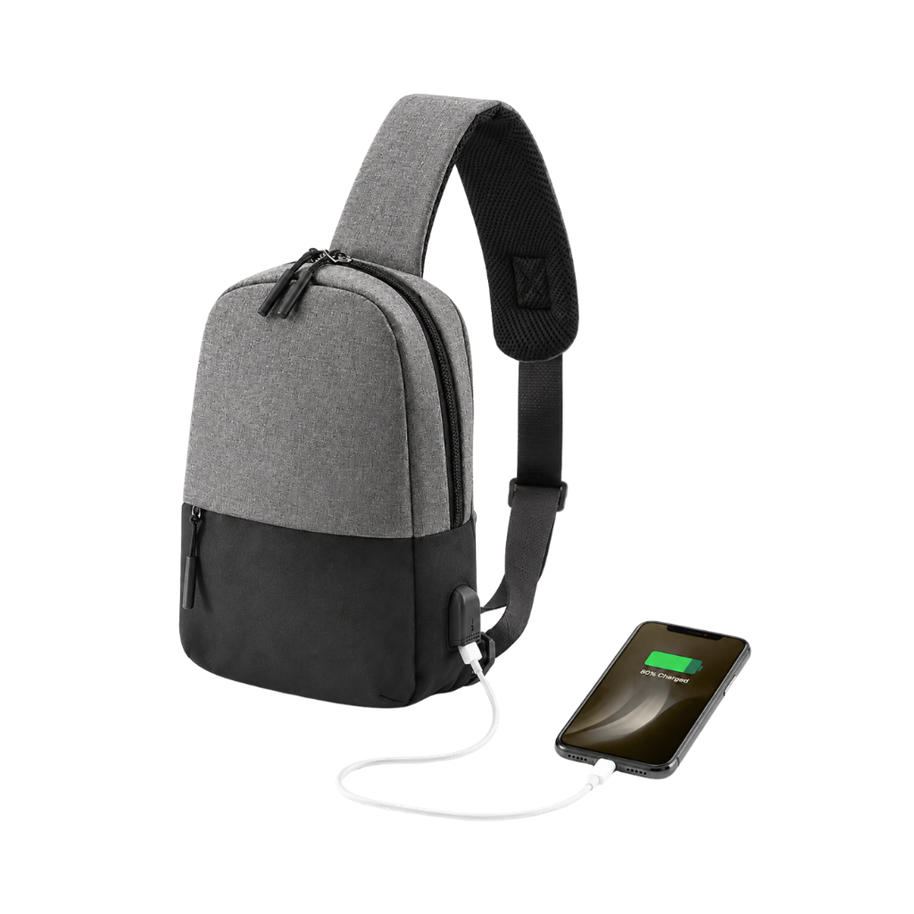 [P299144] Mochila cruzada, Poliéster 300D, con conexión USB para carga 20 x 29 x 6.5 cm, Gris