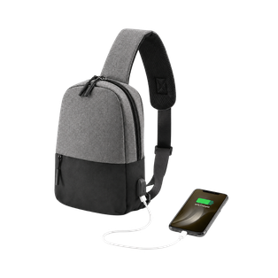 Mochila cruzada, Poliéster 300D, con conexión USB para carga 20 x 29 x 6.5 cm, Gris