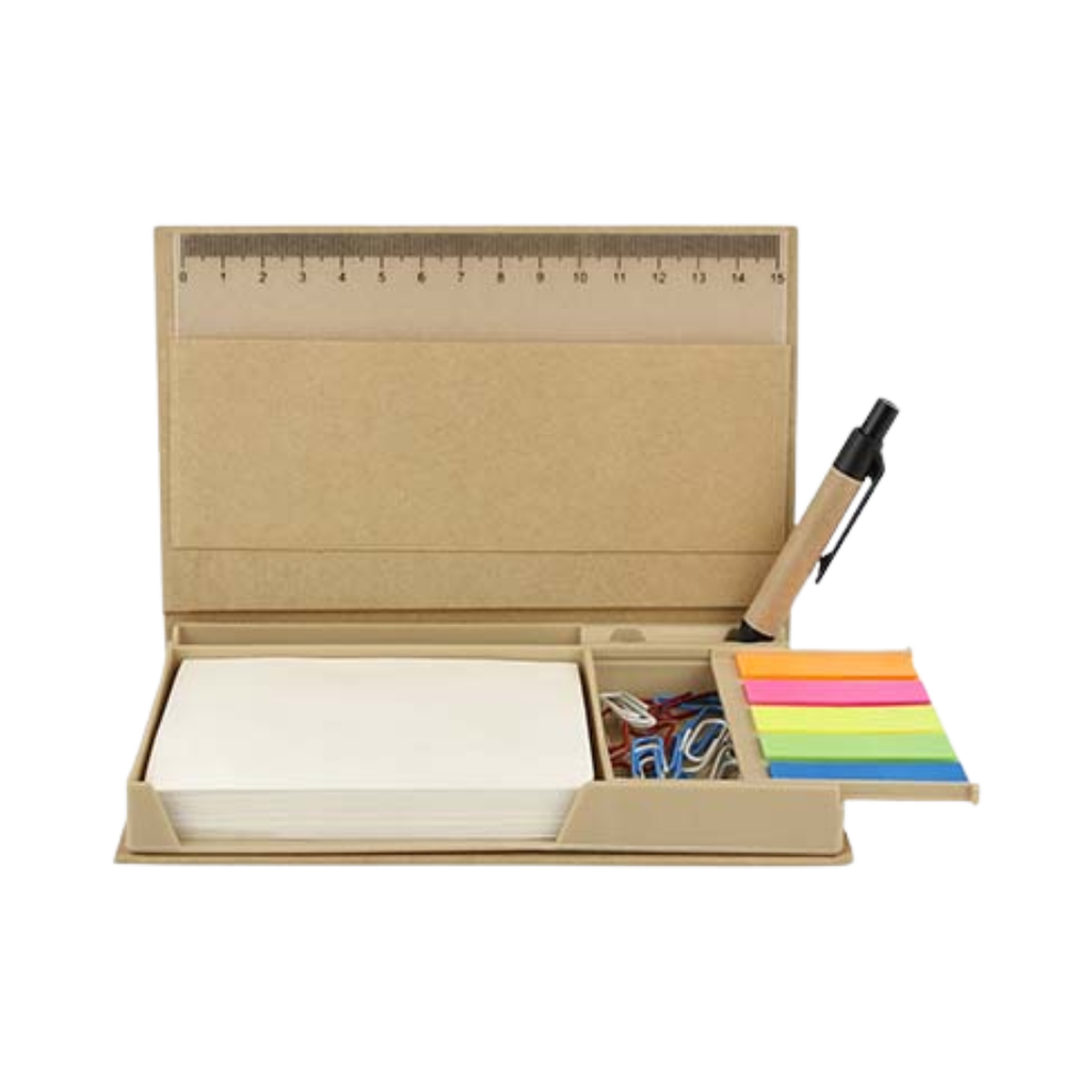 [P299192] Set de escritorio, cartón, natural, 16.7 x 10.1 x 2.2cm, Begun 5 pcs: regla, lapicero, clips, post it y block de notas