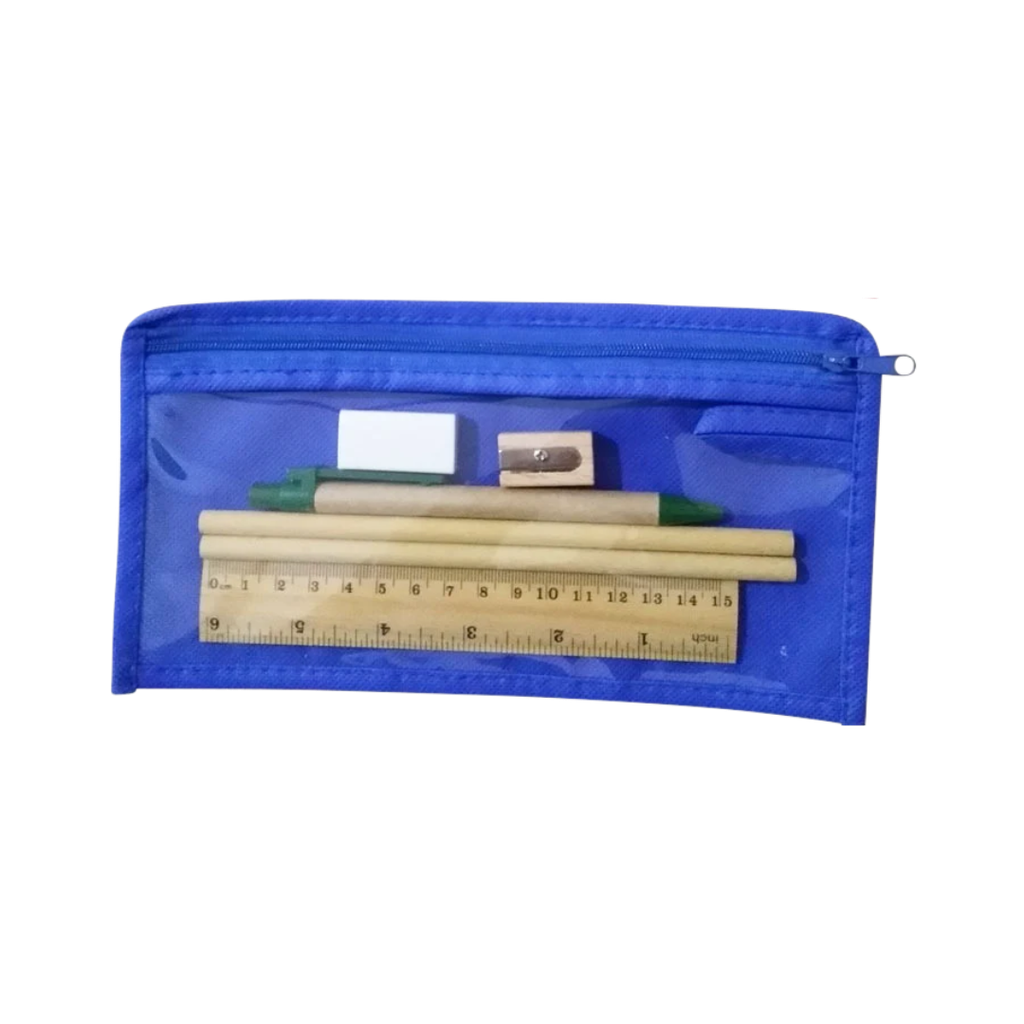 [E389504] Set escolar, PVC, Azul, 23.4*15 cm, Starter 7 pcs: estuche de ventana , regla, borrador, sacapuntas, lapicero y 2 lápices