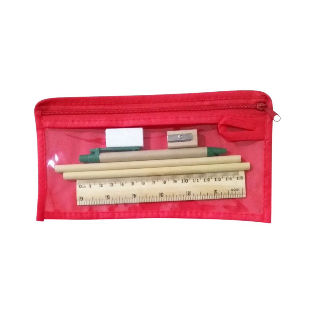 [E389505] Set escolar, PVC, Rojo, 23.4*15 cm, Starter 7 pcs: estuche de ventana , regla, borrador, sacapuntas, lapicero y 2 lápices
