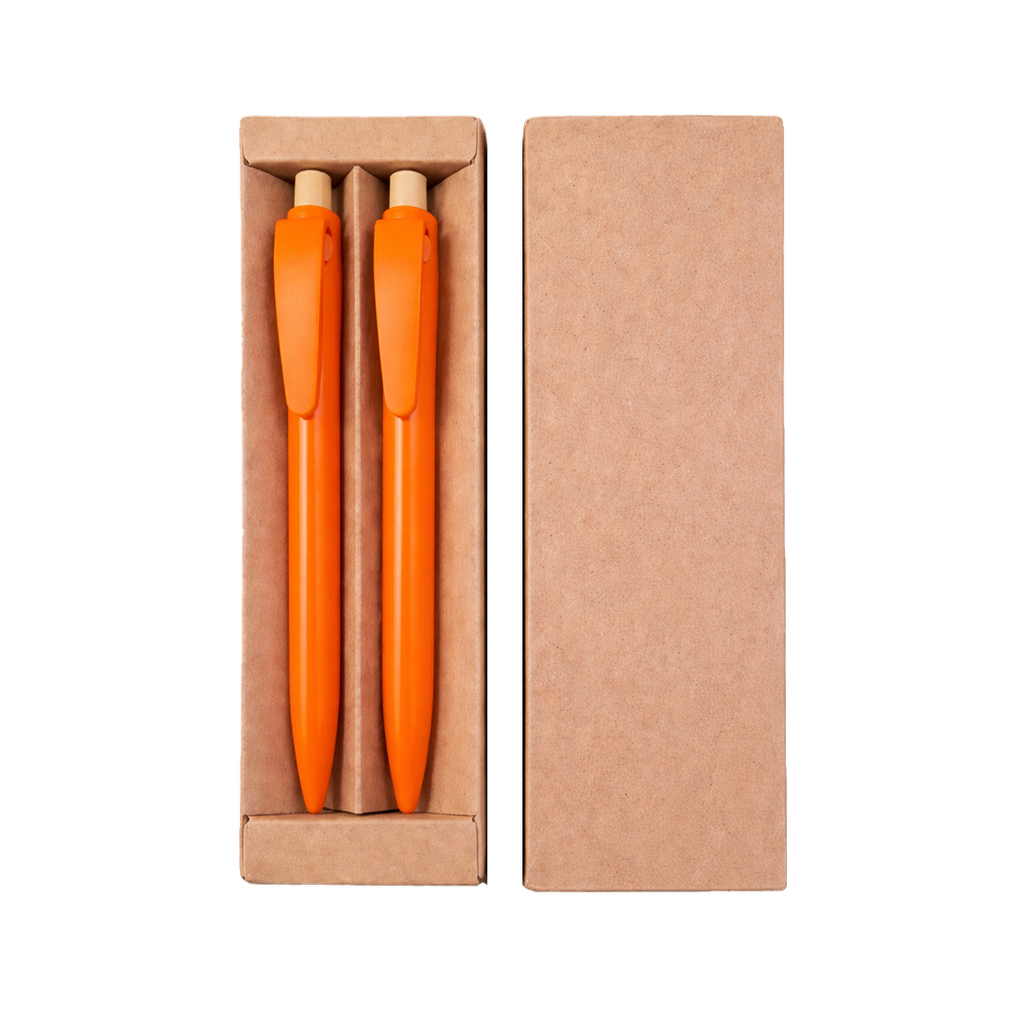 [P299183] Lapicero, Fibra de bambu, Anaranjado, Rabs set con lápiz infinito, botón de bambú en caja kraft