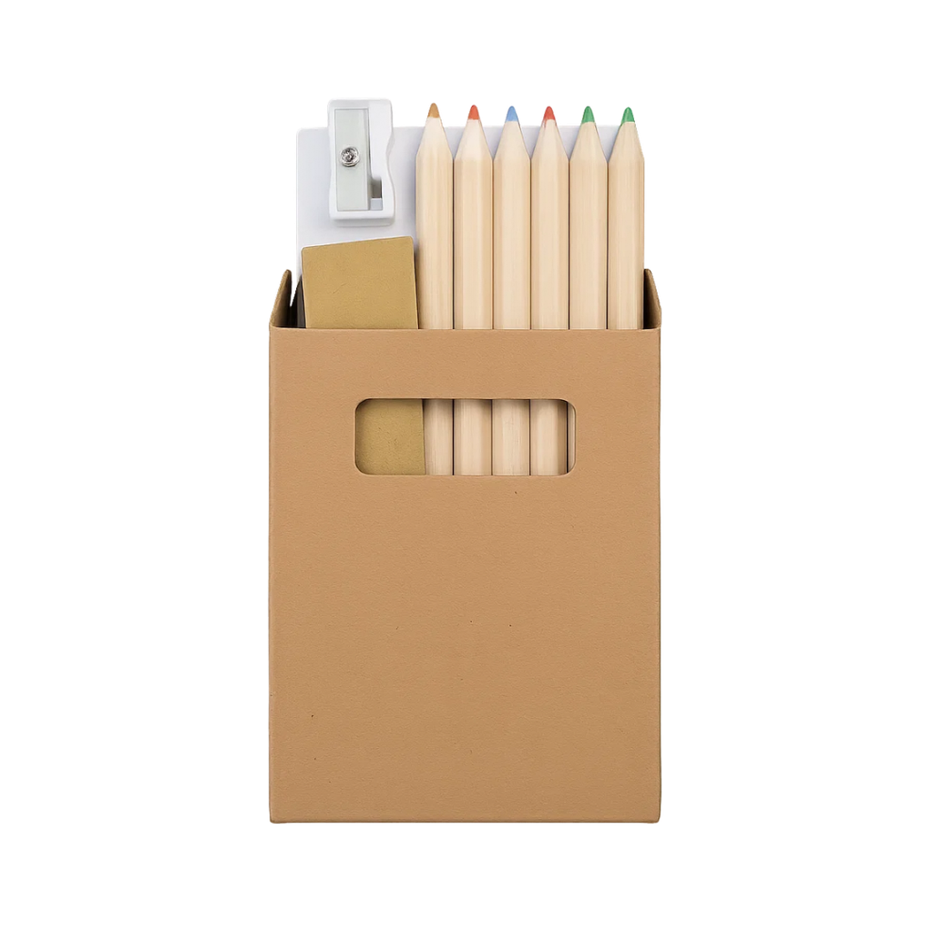 [E389510] Crayones, Madera, Natural, 3,5 pulgadas, set 6 pcs en caja con sacapunta y block para dibujar 20 hojas