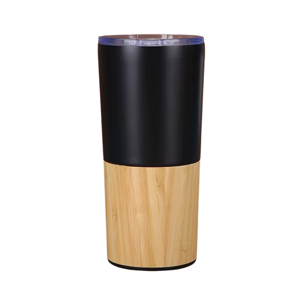 [P299195] Vaso, Acero Inoxidable, Negro, 400 ml, Dual base manga de bambú