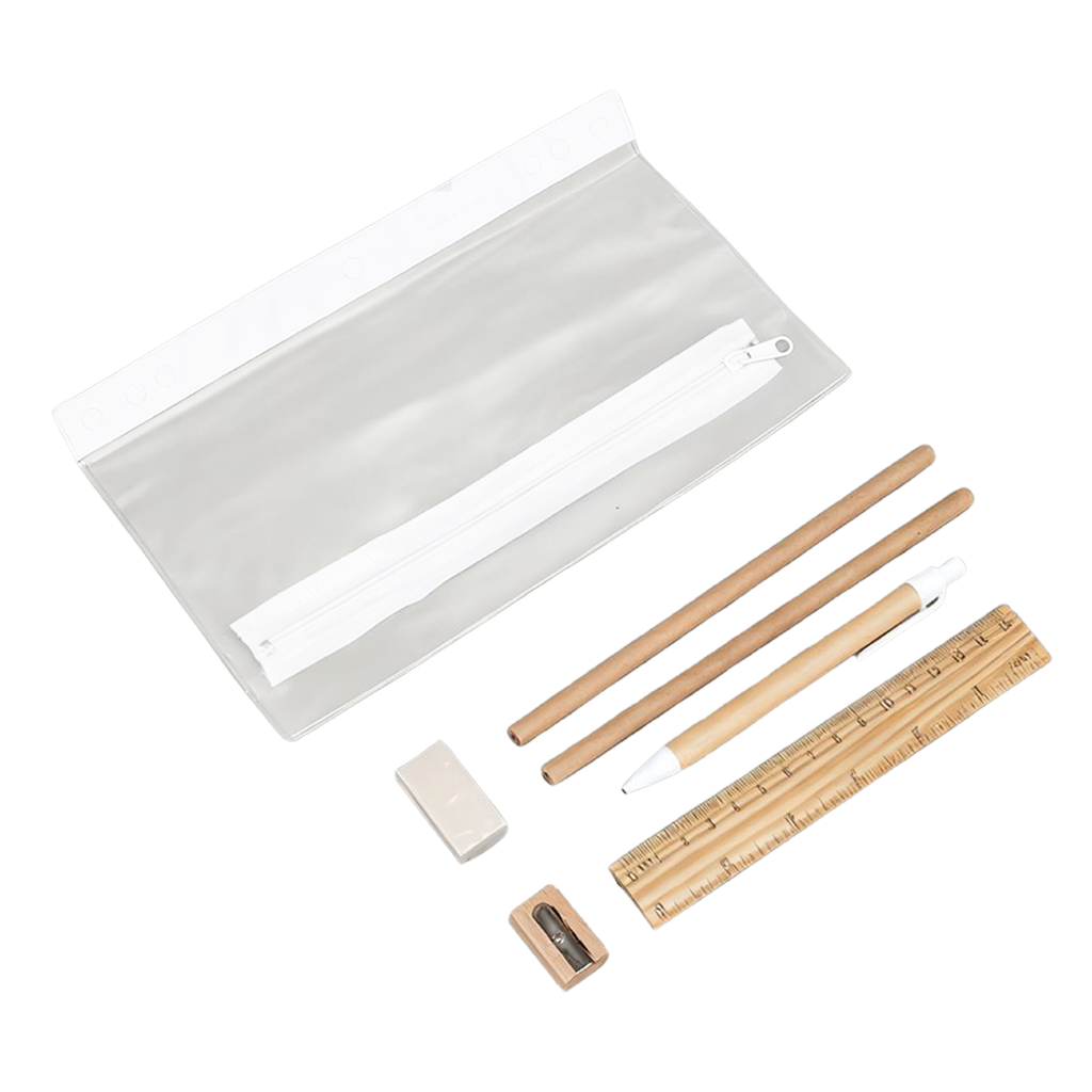 [E389511] Estuche, PVC, Blanco, 23.4*15cm, Battle con 6 pcs de madera y cartón