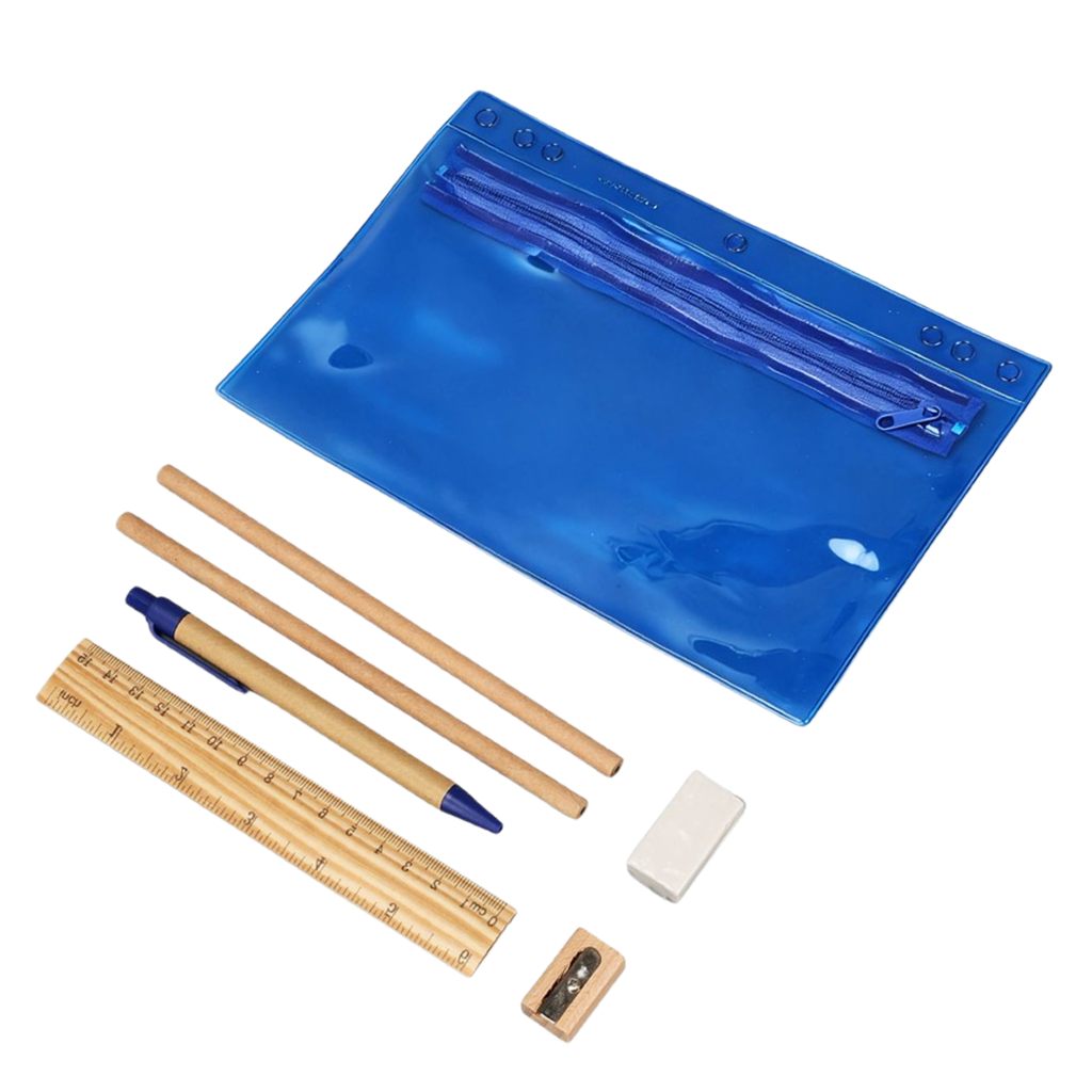 [E389512] Estuche, PVC, Azul, 23.4*15cm, Battle con 6 pcs de madera y cartón