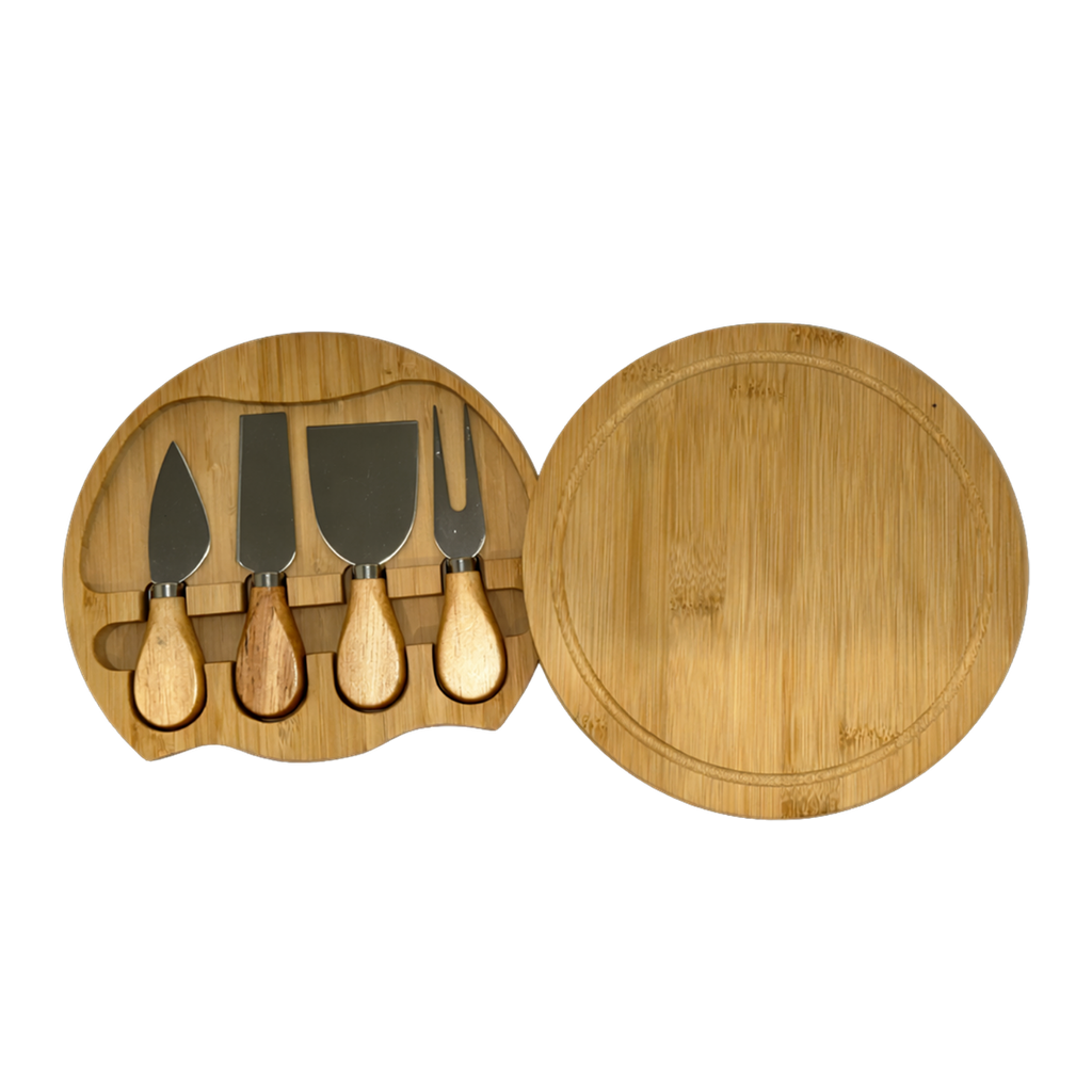 [H590066] Tabla, Bambú, Natural, 20*20*3.5cm, Redonda para quesos con 4 utensilios