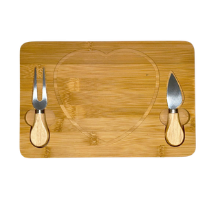 Tabla, Bambú, Natural, 19*28*3.5cm, diseño corazón para quesos con 2 utensilios