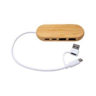 CONCENTRADOR, BAMBÚ, NATURAL, 9,5*4*1,2 cm cm, 2 entradas C y 2 USB