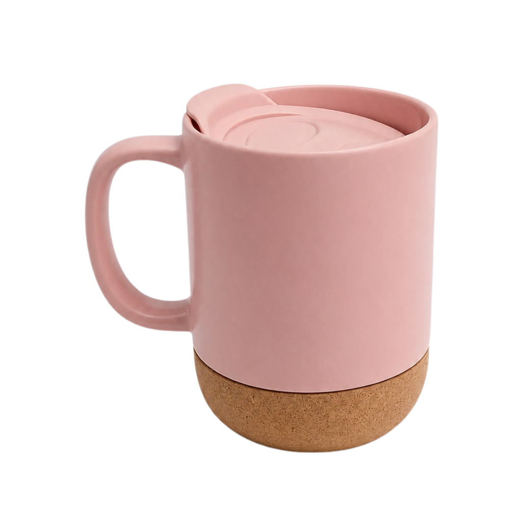 [P299298] Taza cerámica rosado mate 380 ml12 oz tapa plástica y base de corcho