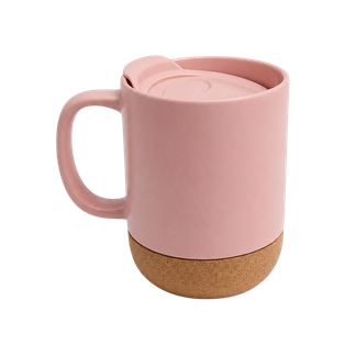 Taza cerámica rosado mate 380 ml12 oz tapa plástica y base de corcho
