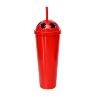 Vaso plástico rojo 1,000ml Carioca con tapa domo diseño de pelota y pajilla