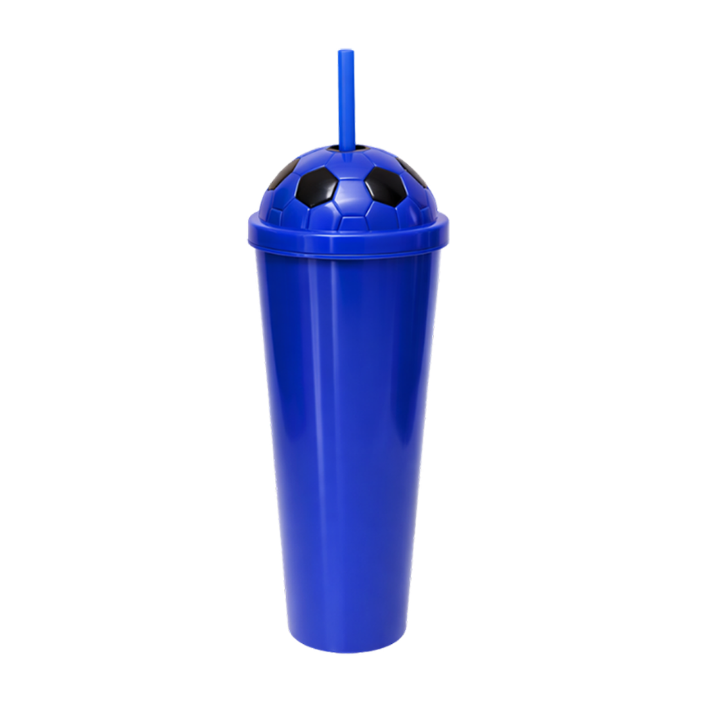 [P299313] Vaso plástico azul  1,000ml Carioca con tapa domo diseño de pelota y pajilla