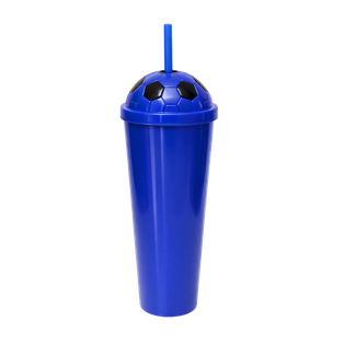 Vaso plástico azul  1,000ml Carioca con tapa domo diseño de pelota y pajilla