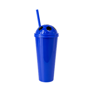Vaso plástico azul  1,000ml Carioca con tapa domo diseño de pelota y pajilla