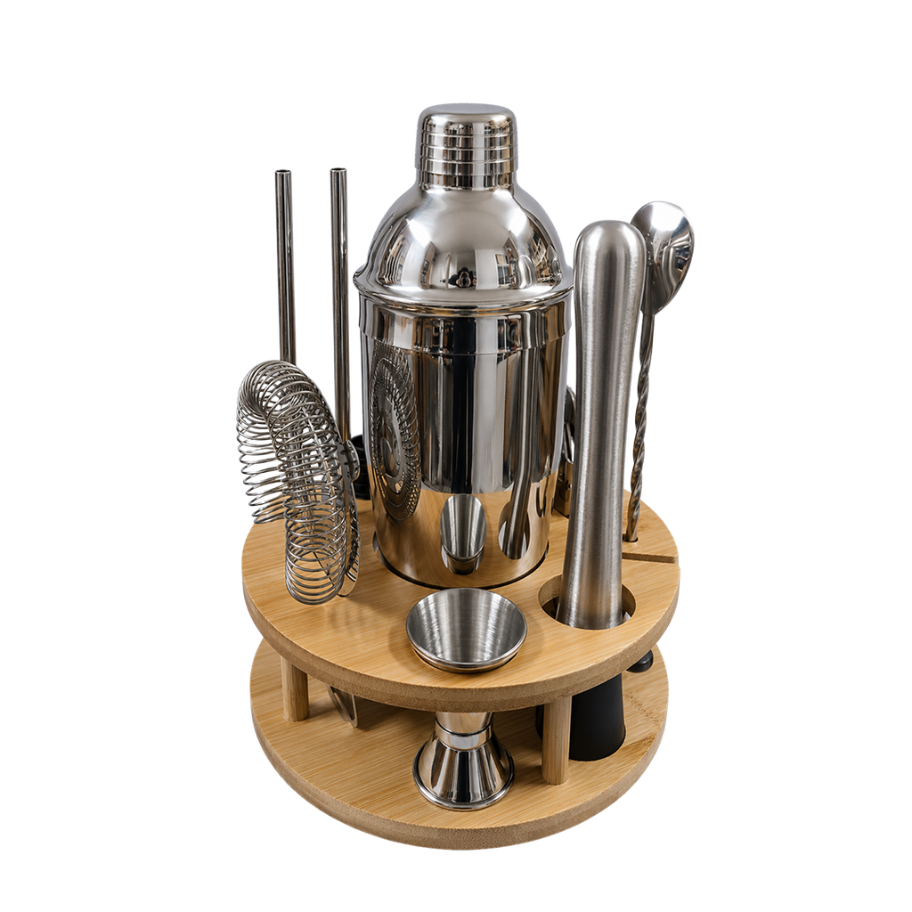 [P299320] Coctelera Metal plateado 21*21*13 cm set con soporte redondo de madera