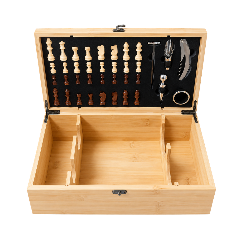 [P299322] Caja Bambú Natural 36.5*21.5*11.7CM para 2 botellas de vino con juego de ajedrez y 5 utensilios