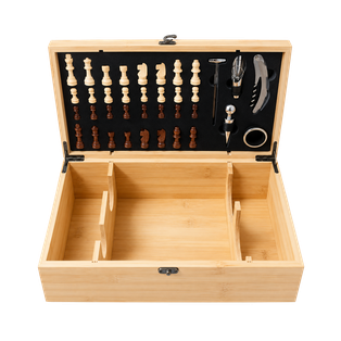 Caja Bambú Natural 36.5*21.5*11.7CM para 2 botellas de vino con juego de ajedrez y 5 utensilios