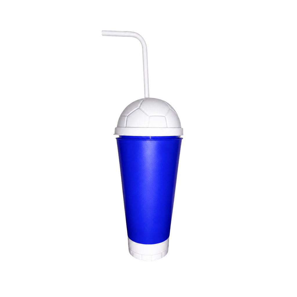 [P299327] VASO, PLÁSTICO, AZUL OSCURO, 600 ml, vuvuzela con tapa como diseño de pelota, desmontable