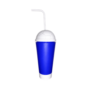 VASO, PLÁSTICO, AZUL OSCURO, 600 ml, vuvuzela con tapa como diseño de pelota, desmontable