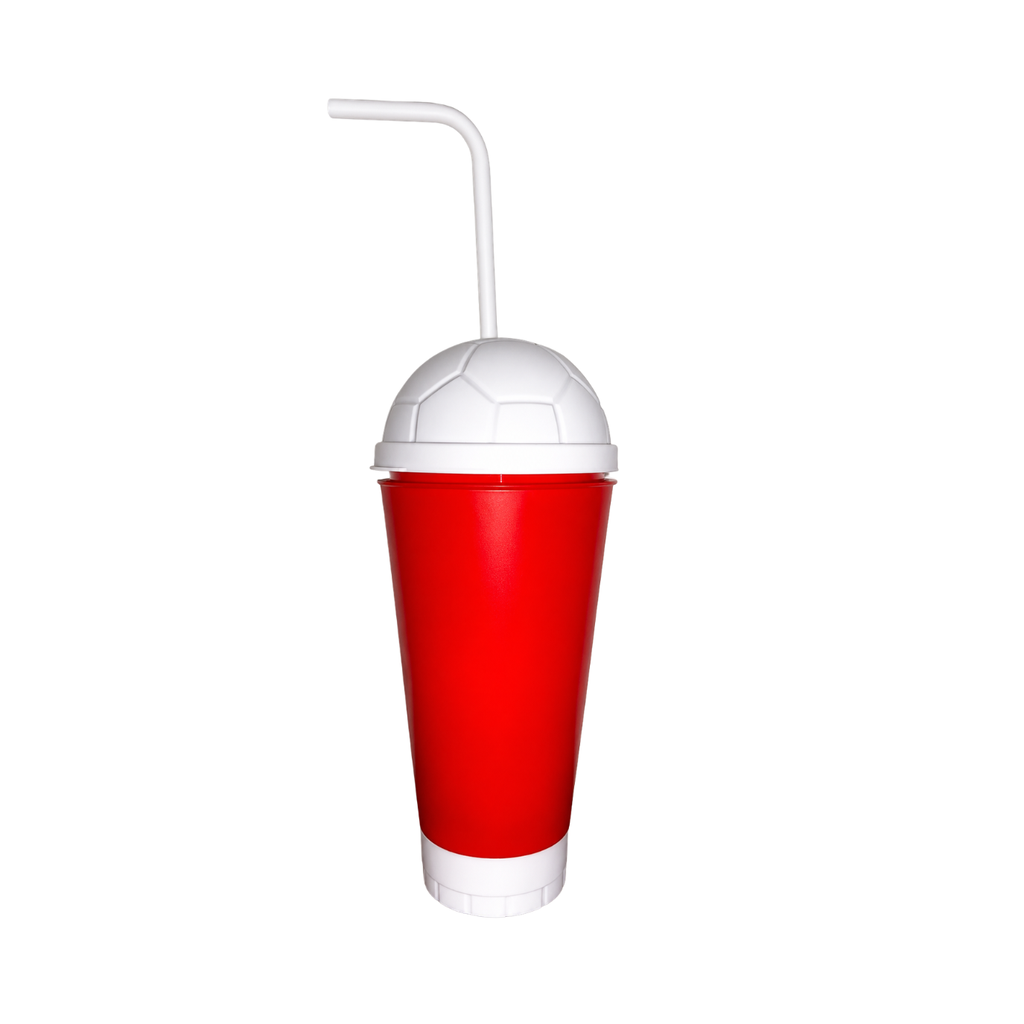 [P299328] VASO, PLÁSTICO, ROJO, 600 ml, vuvuzela con tapa como diseño de pelota y pajilla, desmontable