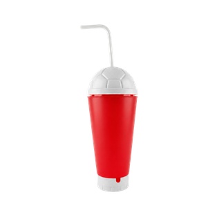 VASO, PLÁSTICO, ROJO, 600 ml, vuvuzela con tapa como diseño de pelota y pajilla, desmontable