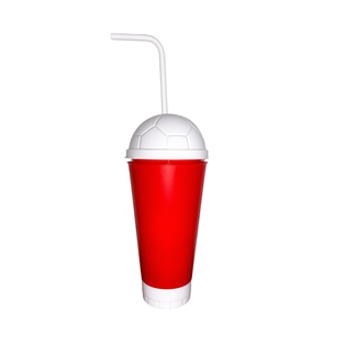 VASO, PLÁSTICO, ROJO, 600 ml, vuvuzela con tapa como diseño de pelota y pajilla, desmontable