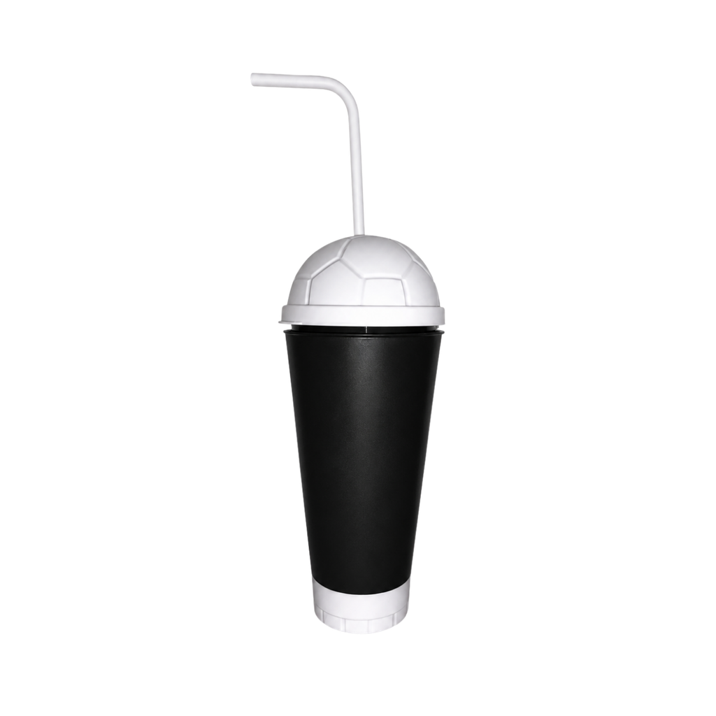 [P299329] VASO, PLÁSTICO, NEGRO, 600 ml, vuvuzela con tapa como diseño de pelota y pajilla, desmontable