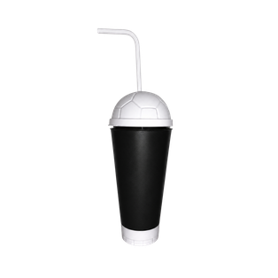 VASO, PLÁSTICO, NEGRO, 600 ml, vuvuzela con tapa como diseño de pelota y pajilla, desmontable