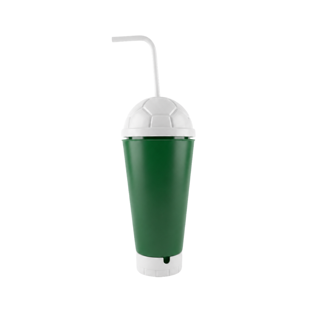 [P299330] VASO, PLÁSTICO, VERDE, 600 ml, vuvuzela con tapa como diseño de pelota y pajilla, desmontable