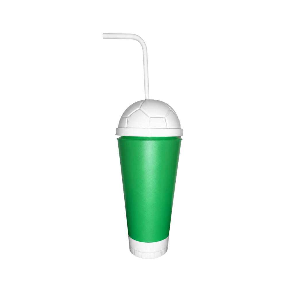 [P299330] VASO, PLÁSTICO, VERDE, 600 ml, vuvuzela con tapa como diseño de pelota y pajilla, desmontable