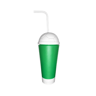 VASO, PLÁSTICO, VERDE, 600 ml, vuvuzela con tapa como diseño de pelota y pajilla, desmontable