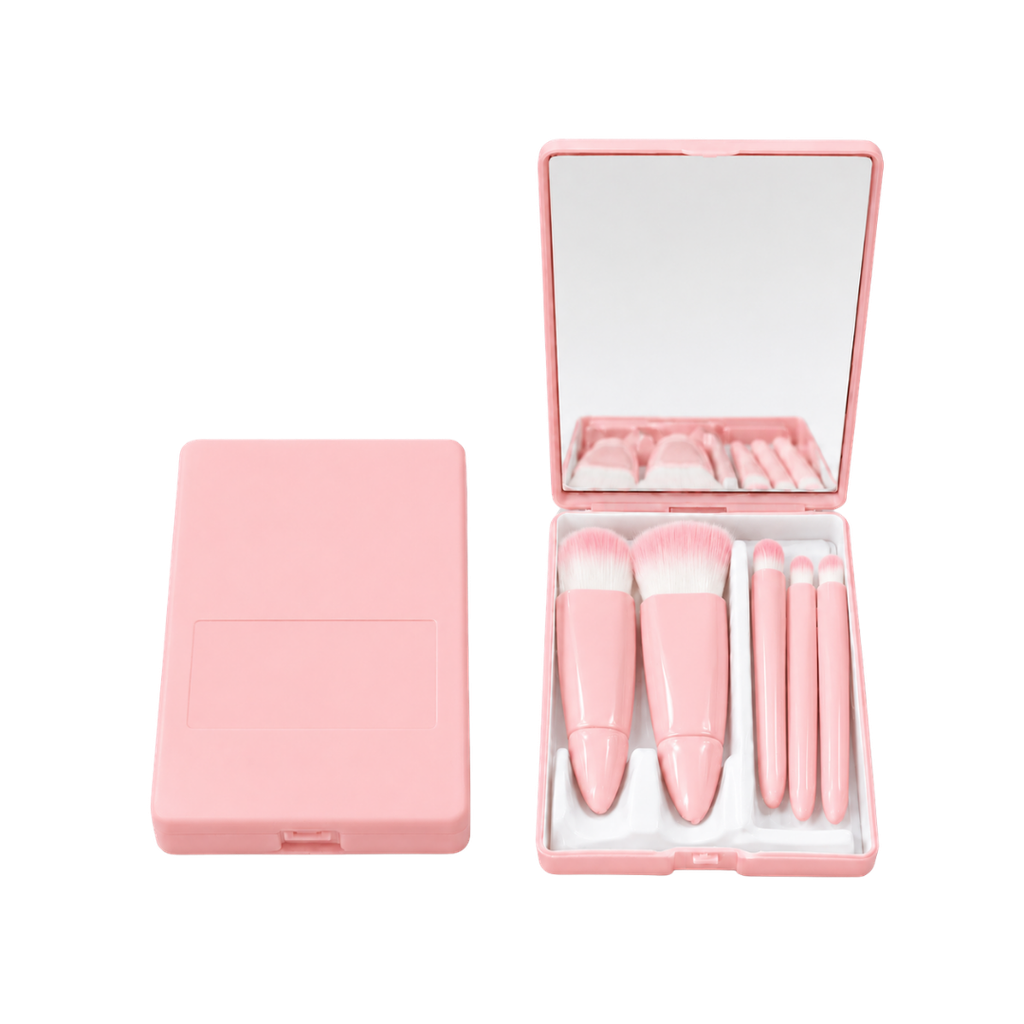 [B670039] SET DE BROCHAS, PLÁSTICO, ROSADO, 10*7.5 cm, 5 PCS PARA MAQUILLAJE CON ESTUCHE Y ESPEJO