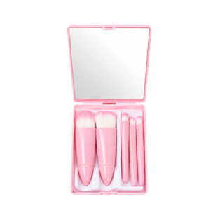 SET DE BROCHAS, PLÁSTICO, ROSADO, 10*7.5 cm, 5 PCS PARA MAQUILLAJE CON ESTUCHE Y ESPEJO