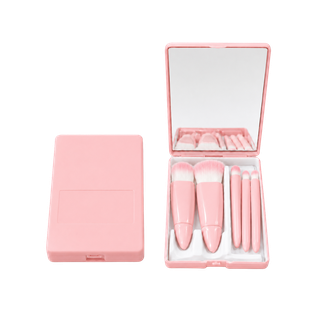 SET DE BROCHAS, PLÁSTICO, ROSADO, 10*7.5 cm, 5 PCS PARA MAQUILLAJE CON ESTUCHE Y ESPEJO