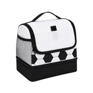 LONCHERA, OXFORD, BLANCO, 25*17*25 cm, SOCCER CON BOLSA BASE NEGRA Y DISEÑO DE PELOTA