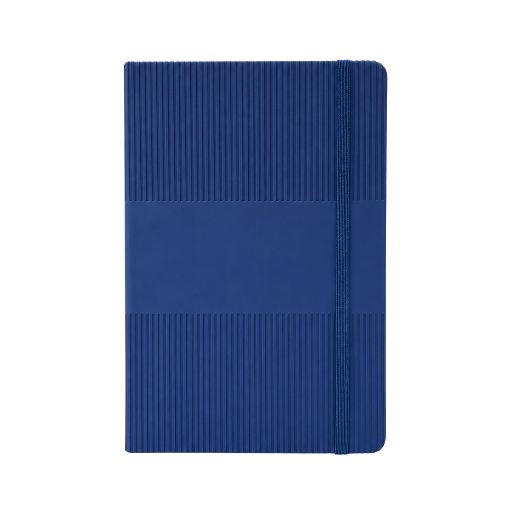 [P299349] LIBRETA, PAPEL, AZUL, 14,8 x 21 cm, Ribbed 80 páginas de líneas, 70 gramos 80 con pasta PU, listón y banda elástica