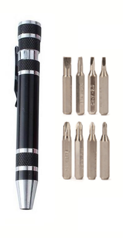 [H950478] DESARMADOR, ACERO INOXIDABLE, NEGRO, Pencil de clip con 8 puntas de intercambiables