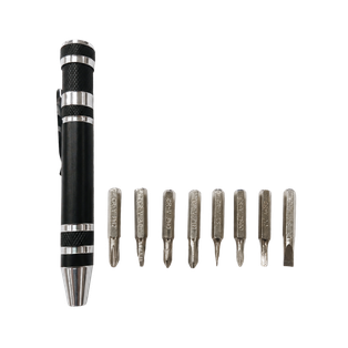 DESARMADOR, ACERO INOXIDABLE, NEGRO, Pencil de clip con 8 puntas de intercambiables