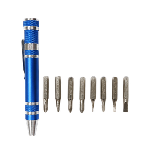 DESARMADOR, ACERO INOXIDABLE, AZUL OSCURO, Pencil de clip con 8 puntas de intercambiables