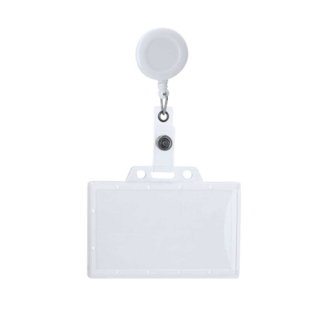 [P299399] PORTAGAFETE EXTENSIBLE, PLÁSTICO, BLANCO, 8.9 x 14 x 1.4 cm, CUERDA EXTENSIBLE DE HASTA 70 CM