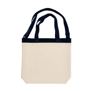BOLSA, LONA CRUDA, NATURAL, 37 ALTO * 41 ANCHO cm, CON AGARRADORES E INSERTO EN LONA COLOR AZUL