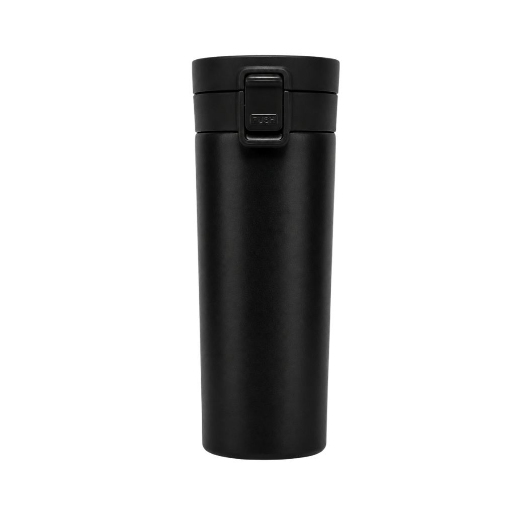 [P299401] VASO, ACERO INOXIDABLE, NEGRO, 480 ml, Mumbai 6.8*19.5 cm térmico doble pared con tapa automática y base antideslizante