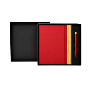 LIBRETA, CARTÓN, ROJO, 14,8 x 21 cm, con orilla de bambú y lapicero de acero inoxidable en caja negra de regalo