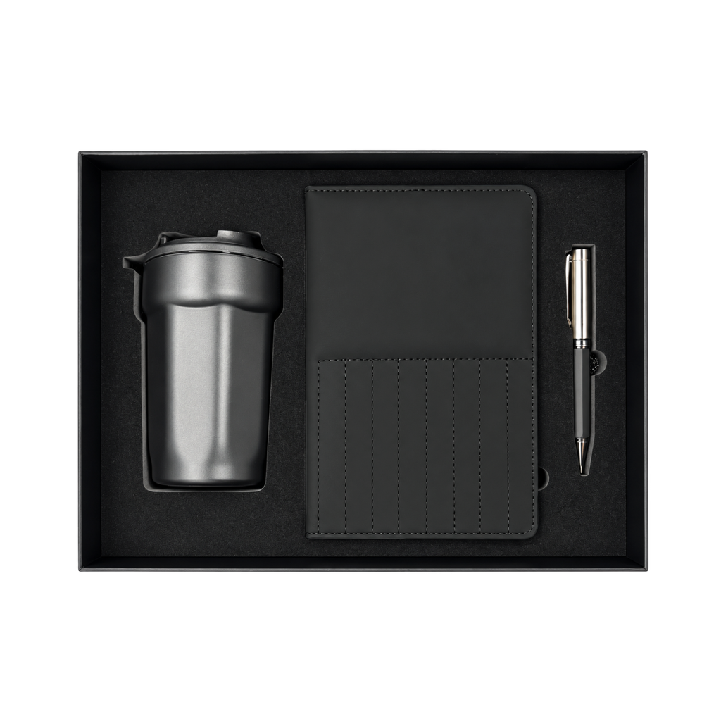 [P299436] SET EJECUTIVO, ACERO INOXIDABLE, NEGRO, 380 ml, termo doble pared en set con libreta PU A5 y lapicero de metal en caja negra de regalo