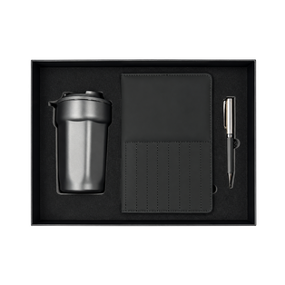 SET EJECUTIVO, ACERO INOXIDABLE, NEGRO, 380 ml, termo doble pared en set con libreta PU A5 y lapicero de metal en caja negra de regalo