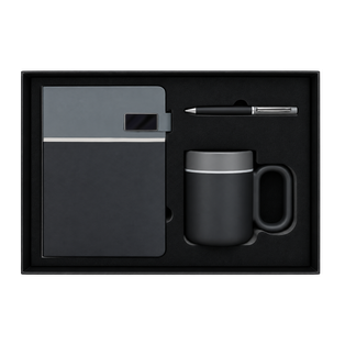 SET EJECUTIVO, CERÁMICA, NEGRO, 480 ml, Double de taza en set con agenda PU A5 y lapiceros de metal de cenefa gris en caja negra de regalo